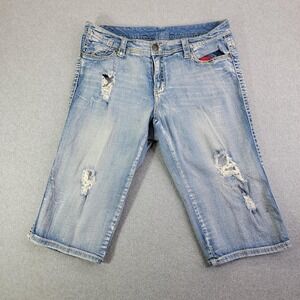 Seven7 Shorts Womens 16 Blue Denim Bermuda Distressed Embellished Rhinestone